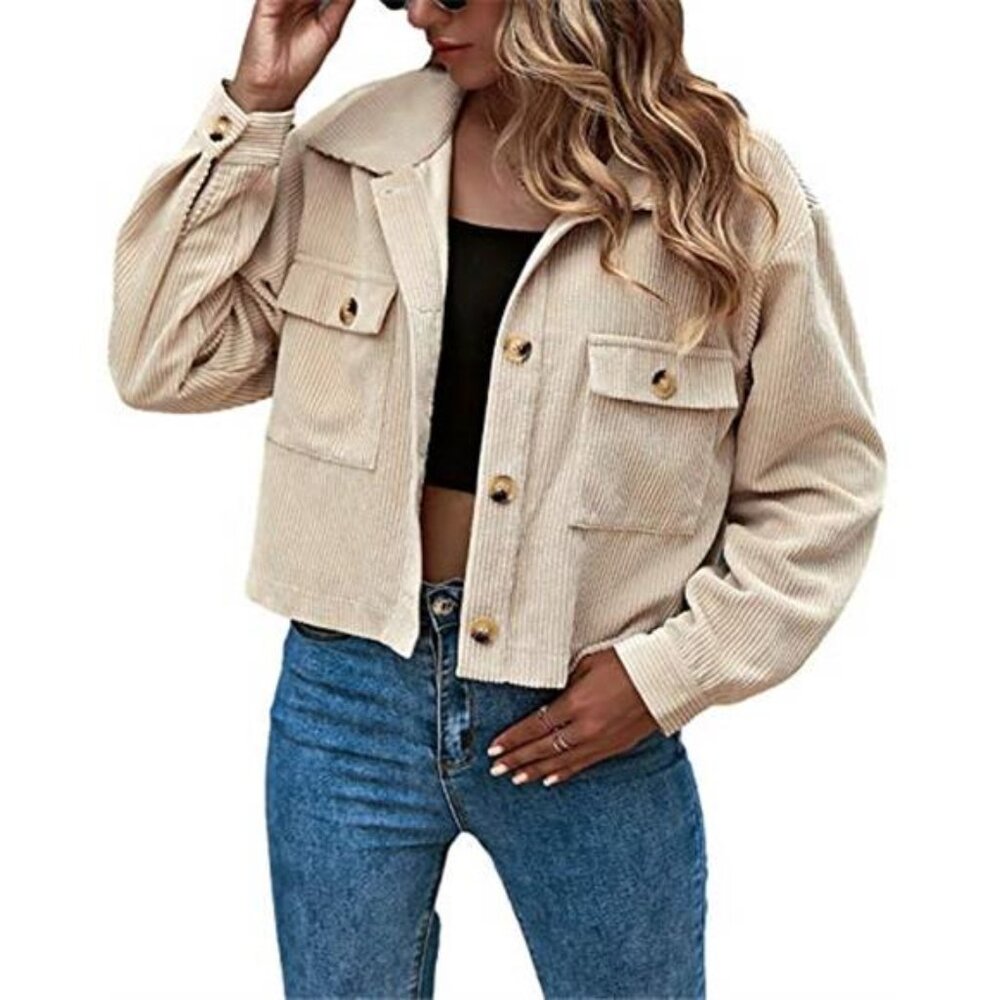 Womens Cropped Shacket Corduroy Button Up Jacket Casual Plaid Long Sleeve Top